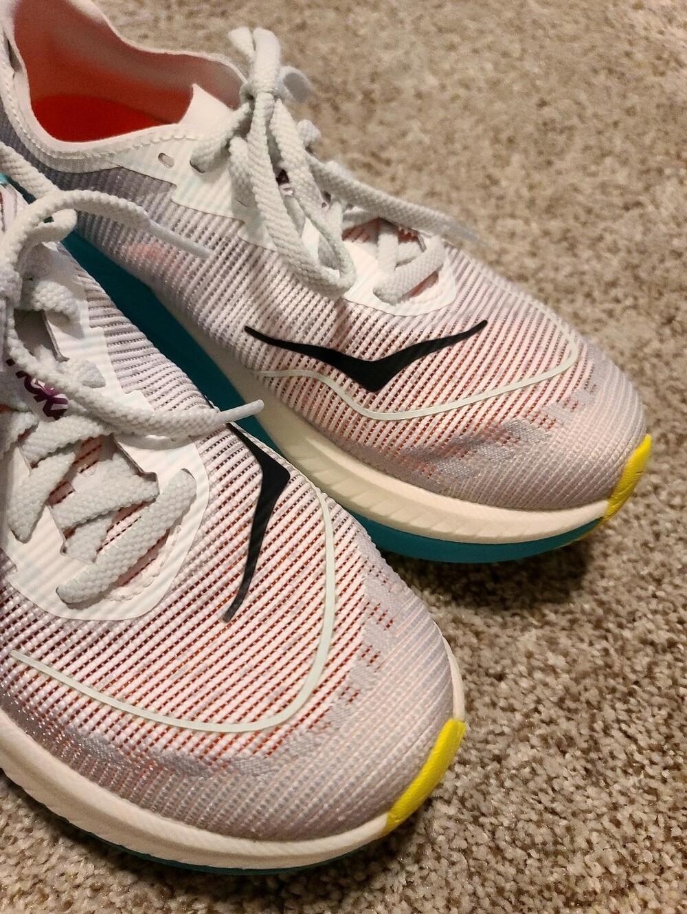 Women's 7B, Hoka Mach X2 White Teal Athletic Running Shoes with Orange - Picture 2 of 10